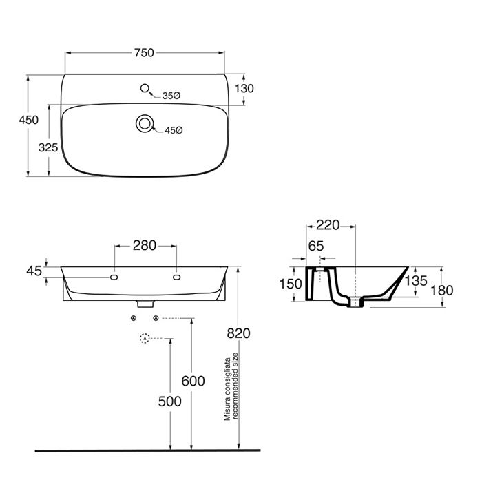 Azzurra PRUA Раковина подвесная 75х45хh18см без отв. под смеситель, цвет белый