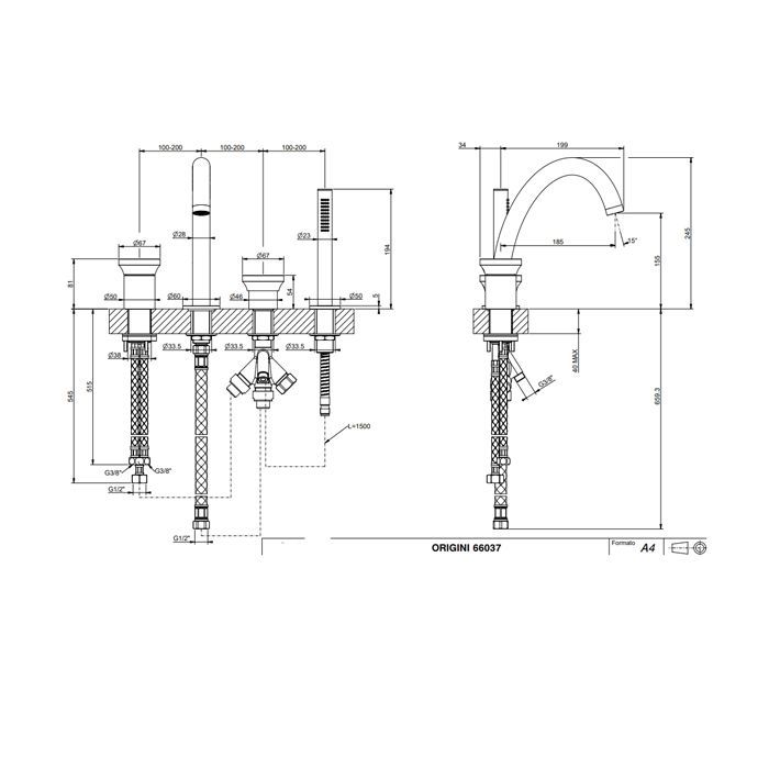 GESSI Origini Смеситель для ванны на 4 отв, с ручной лейкой цвет: Finox Brushed Nickel