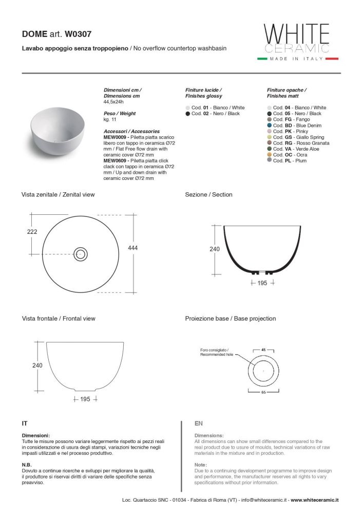 White Ceramic Dome, накладная круглая раковина Ø44,5x24h см, цвет черный матовый, артикул W030705
