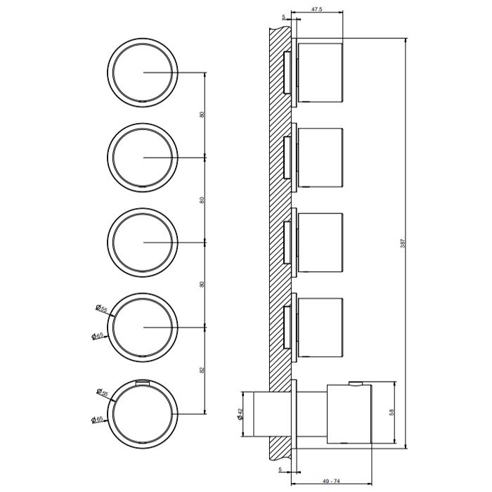 GESSI HABITO Смеситель настенный встраиваемый, термостатический, с 4 запорными вентилями, термостатический, цвет Black Metal Brushed PVD