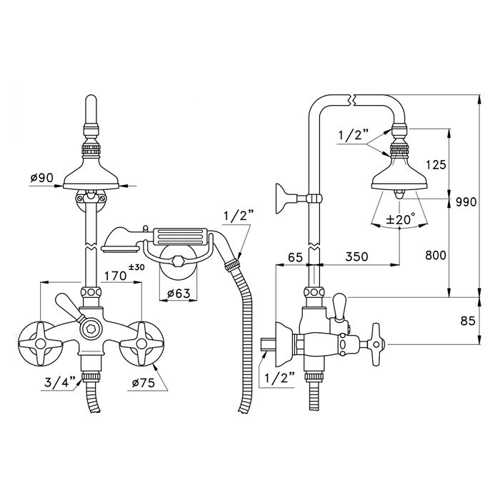 Stella Italica Душевой комплект 3284/33-90: смеситель, штанга+ручной+верхний душ 90мм, цвет: хром