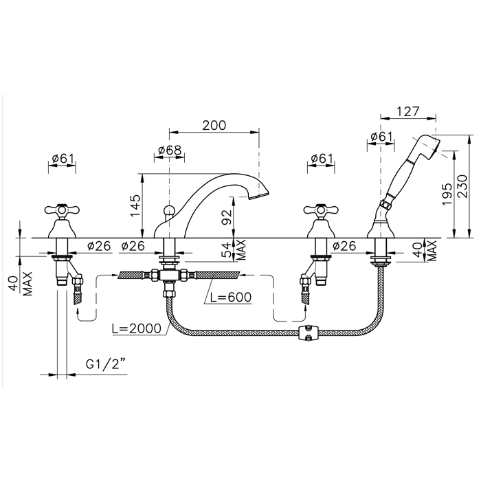 Nicolazzi Nuova Brenta Смеситель на борт ванны на 4 отверстия, с душевой лейкой, излив: 200мм, цвет: бронза