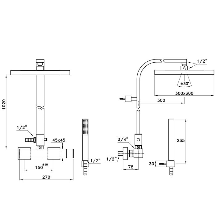 Stella Bamboo Quadro Душевой комплект 3283/420/304-300: смеситель, штанга+ручной+верхний душ 300мм, цвет: хром