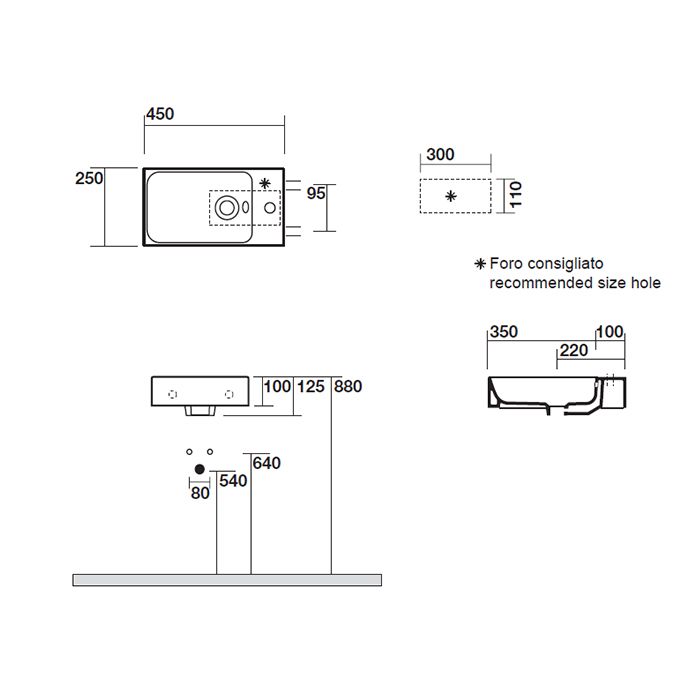 KERASAN Cento раковина подвесная 450х250 мм., с 1 отверстием для смесителя по центру, цвет белый