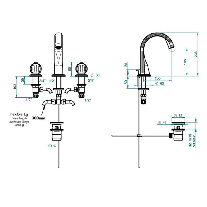 THG MANDARINE METAL Смеситель для раковины на 3 отверстия, с донным клапаном, цвет хром
