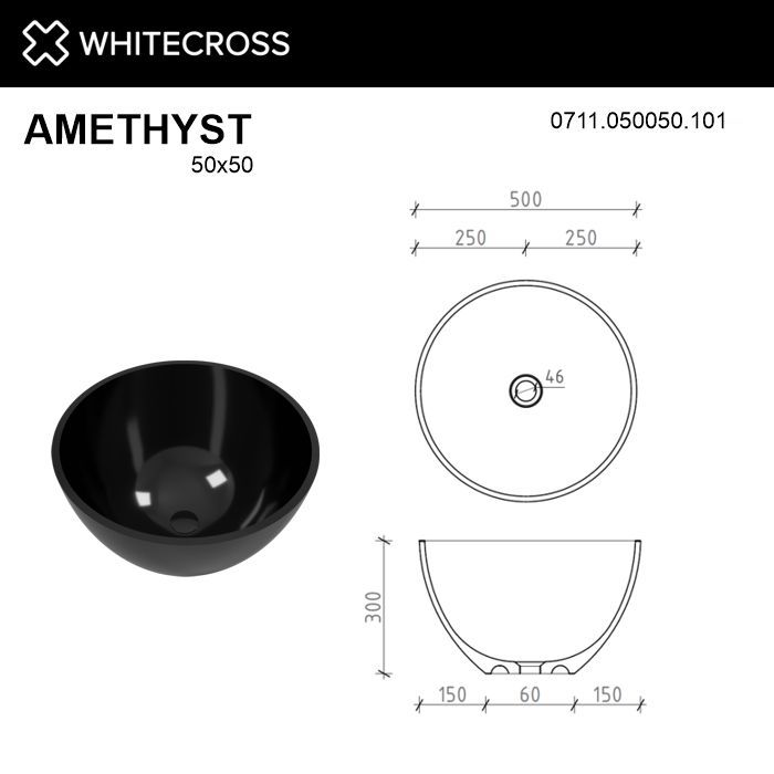 Умывальник WHITECROSS Amethyst D=50 (черный глянец) иск. камень
