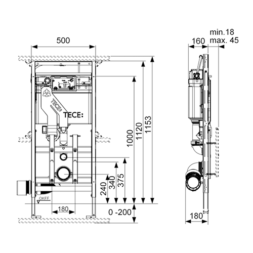 Застенный модуль TECElux 400 для установки подвесного унитаза
