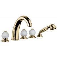 BONGIO RIVOLI Смеситель на борт ванны на 5 отверстий, с ручным душем, ручки стекло белое, цвет золото
