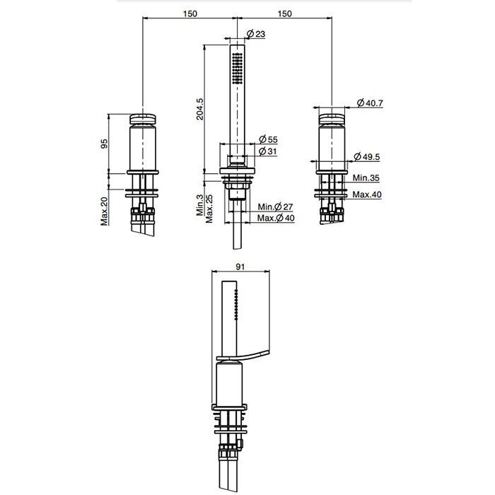 Fima Carlo Frattini Flo Смеситель на борт ванны, на 3 отв., с ручным душем, цвет: чёрный матовый