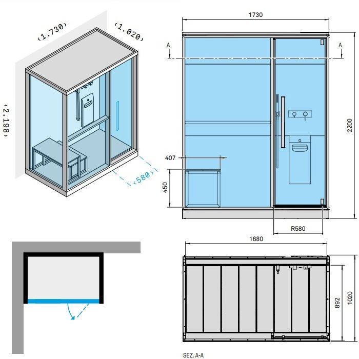 Effegibi H Large Хаммам с душем, угловой L.H., SX, 173x102xh220см, отделка: Soft Sand