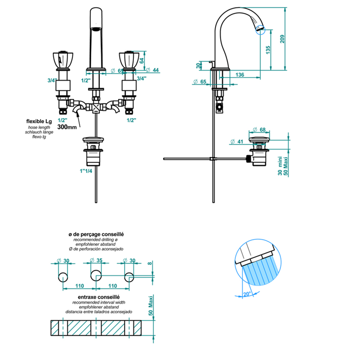 THG PETALE DE CRISTAL BLEU Смеситель для раковины на 3 отверстия, с донным клапаном, цвет полированное золото