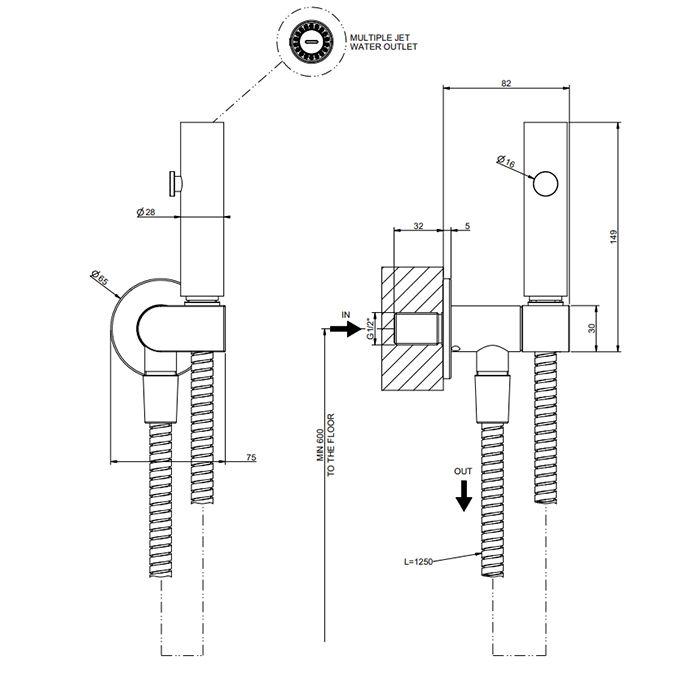 GESSI ELEGANZA Гигиенический душ с настенным держателем с подводом воды и шлангом 1250 мм., цвет Copper PVD