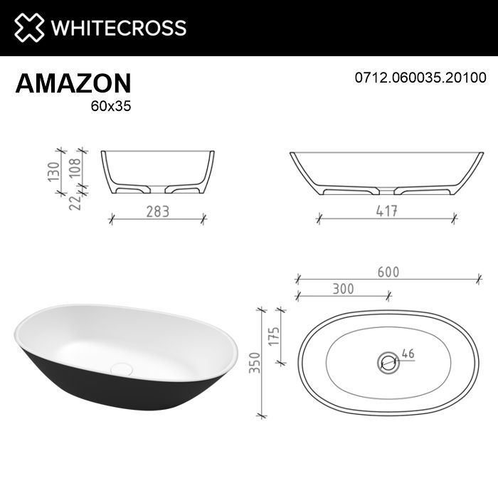 Умывальник WHITECROSS Amazon 60x35 (черный/белый мат) иск. камень