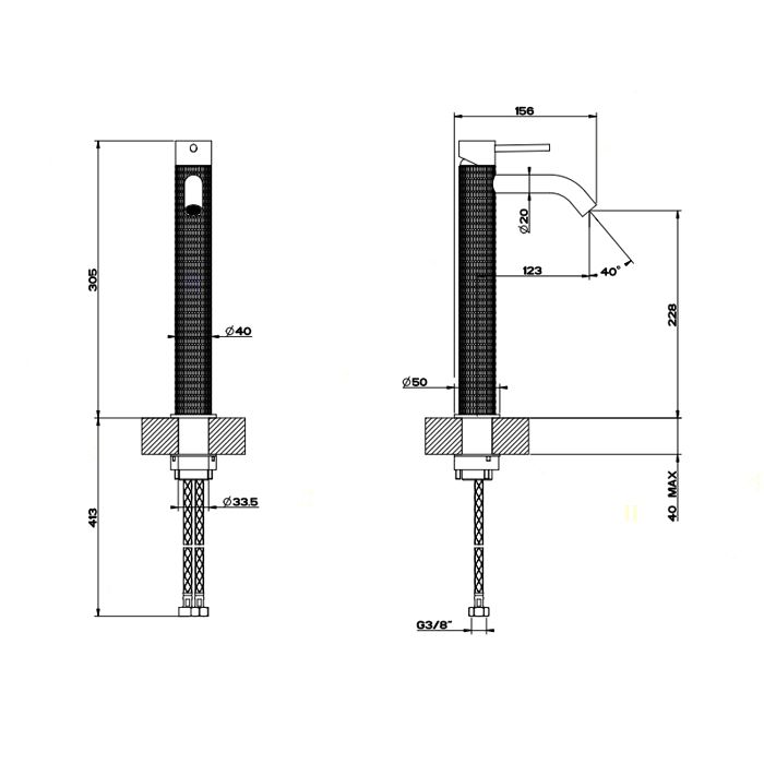 GESSI 316 Смеситель для раковины на 1 отверстие, высокий h=305мм, без донного клапана, излив 123мм, цвет: steel brushed