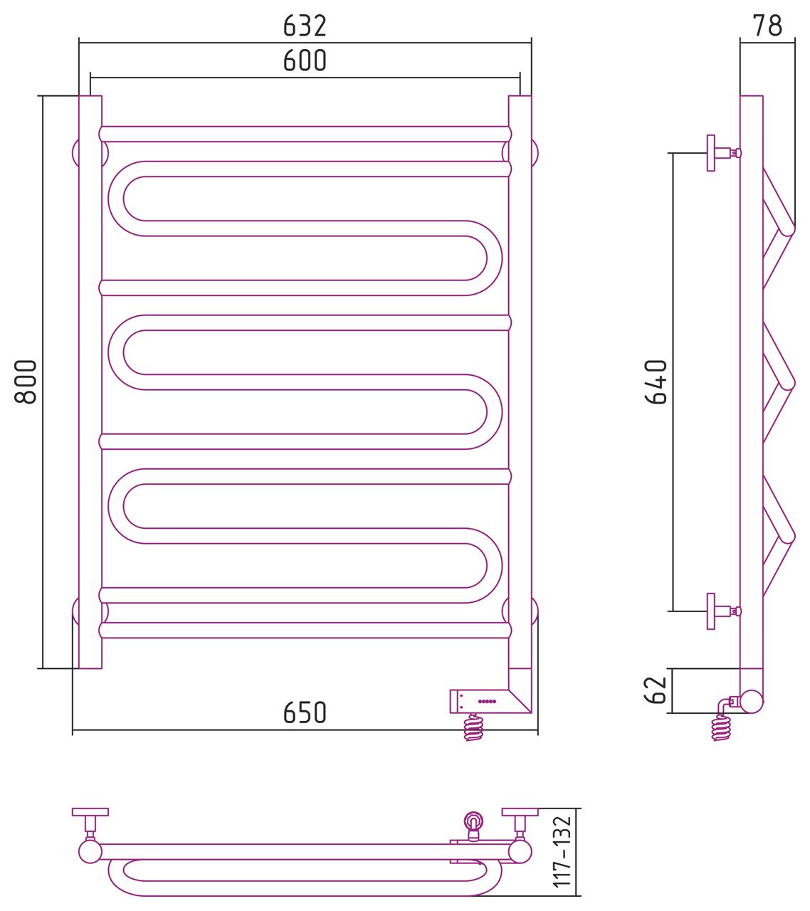 Полотенцесушитель электрический "ЭЛЕГИЯ 2.0" 800х600 / МЭМ правый (Без покрытия)