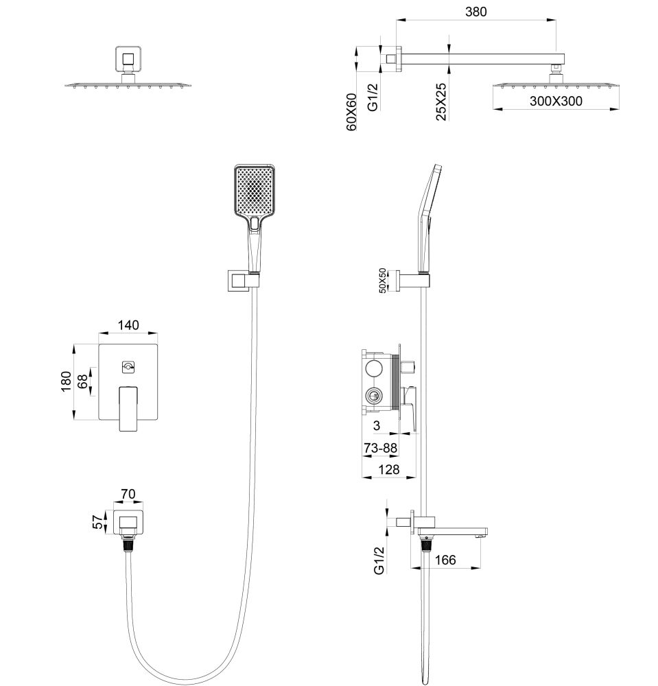 Душевая система встраиваемая WONZON & WOGHAND CUBE 2.0, Темный графит (WW-88939068-BGM), артикул WW-88939068-BGM