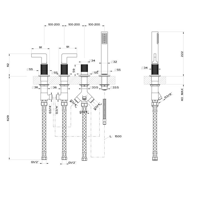 GESSI INCISO Смеситель для ванны на 4 отверстия для наполнения через слив-перелив, переключатель, с ручным душем, цвет: Black XL