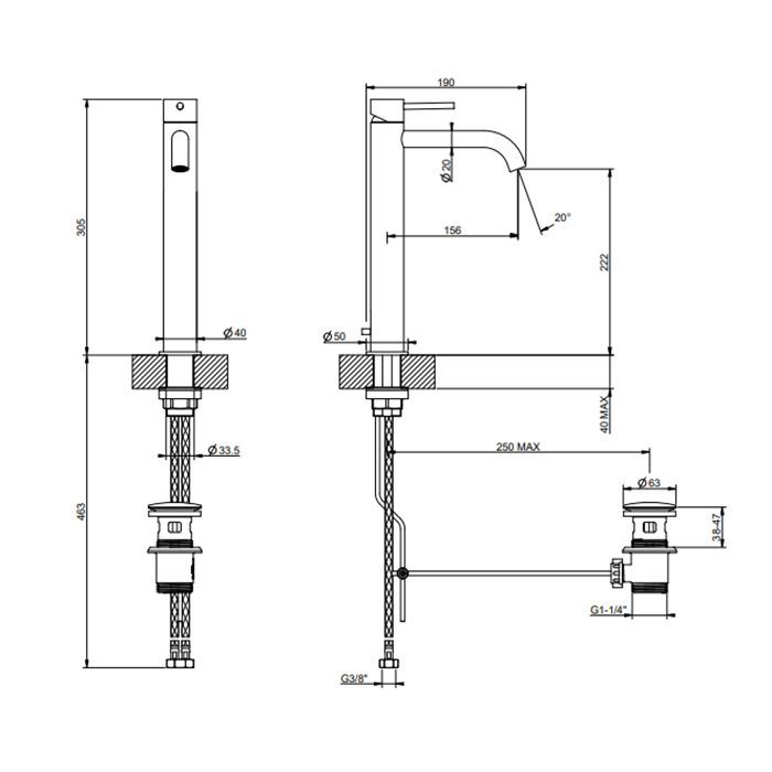 GESSI 316 Смеситель для раковины на 1 отверстие, высокий h=305мм,  с донным клапаном, излив 155мм, цвет: Black XL