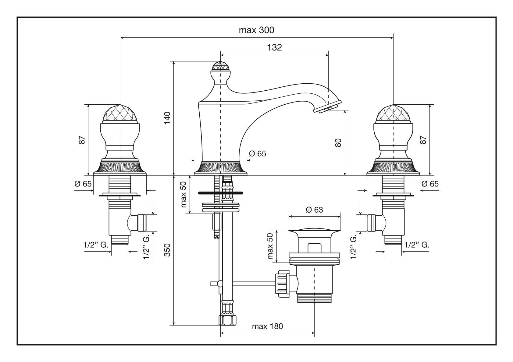 Смеситель The One для раковины на 3 отверстия. Металлические ручки + прозрачные кристаллы, цвет золото