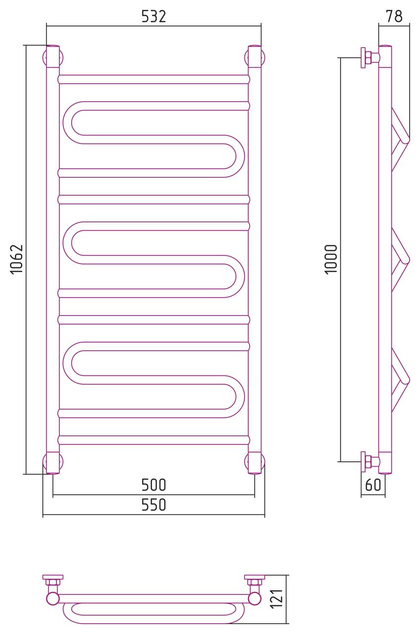 Полотенцесушитель водяной "ЭЛЕГИЯ+" 1000х500 (Без покрытия)