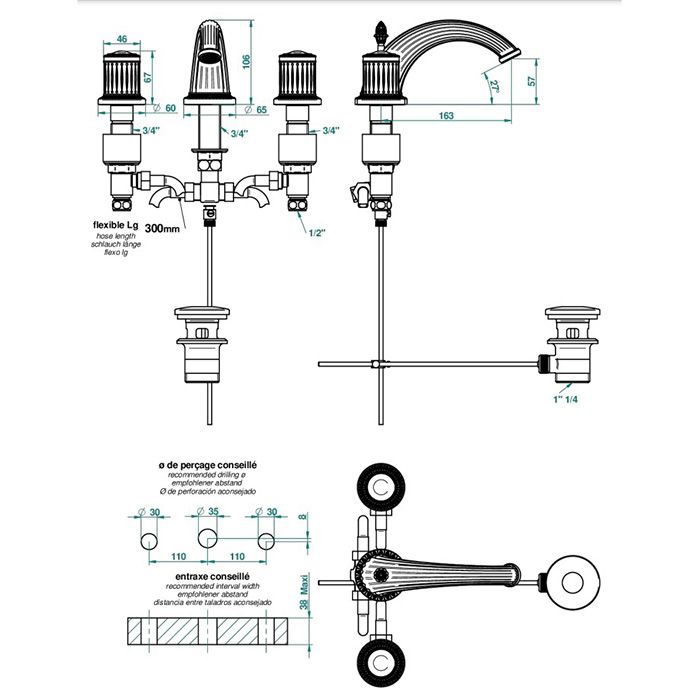 THG MALMAISON CRISTAL Смеситель для раковины на 3 отверстия, с донным клапаном, цвет полированное золото