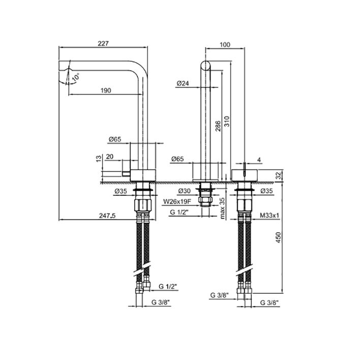 Fantini AF/21 Смеситель для раковины, 2 отв., без донного клапана, излив 190мм, цвет: Matt Copper PVD