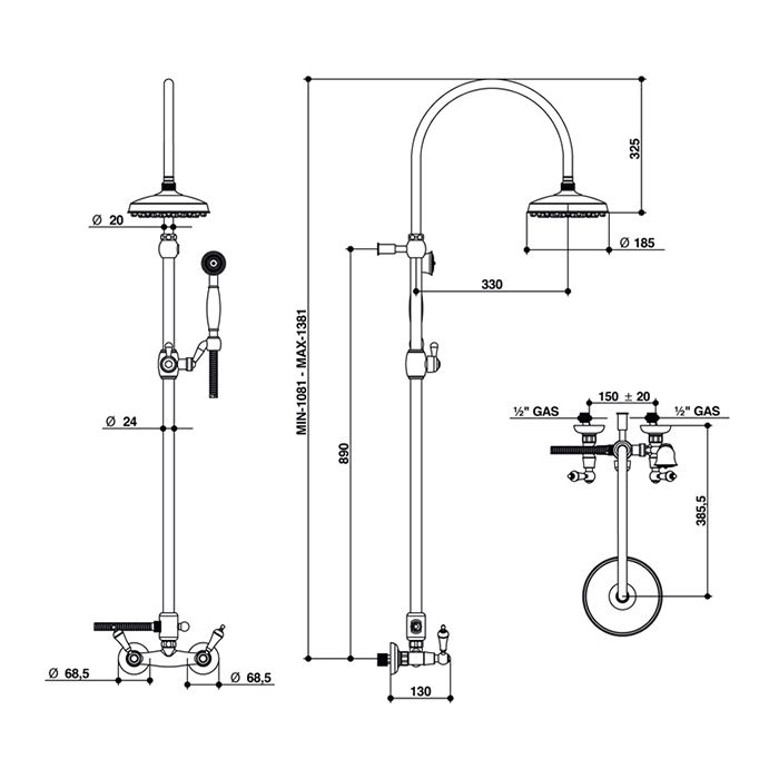 Bongio Capri Душевая стойка с верхним и ручным душем, цвет золото