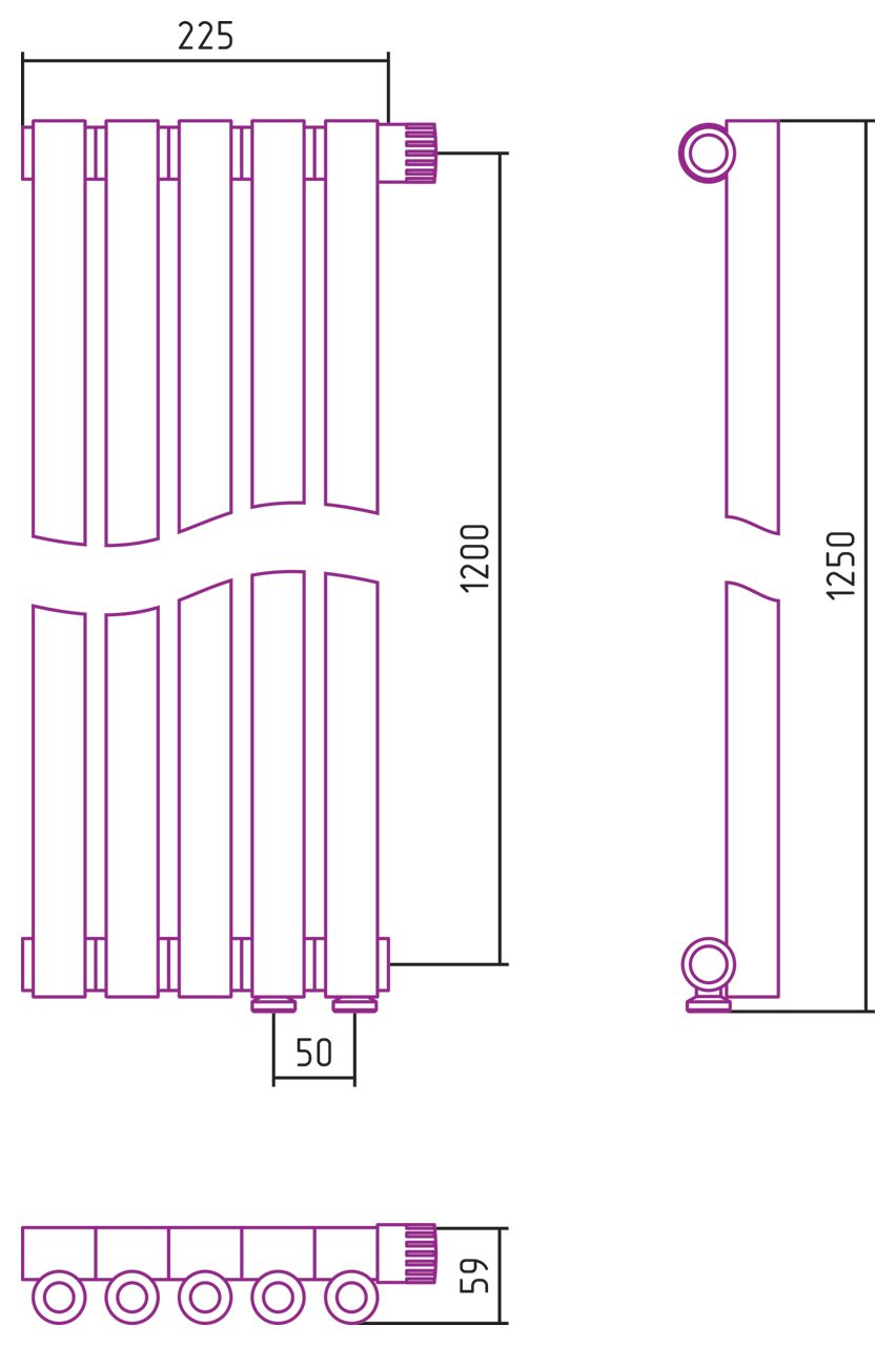 Отопительный радиатор ЭСТЕТ-0 н/ж EU50 правый 1200х225 / 5 сек (САТИН)