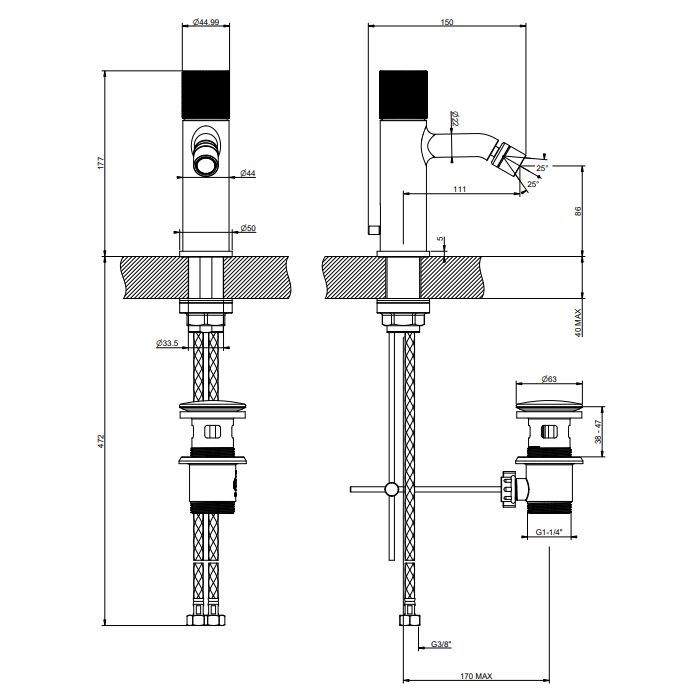 GESSI HABITO DIAMANTATO Смеситель для биде на 1 отверстие, однорычажный, в комплекте с донным клапаном, цвет Warm Bronze Br. PVD