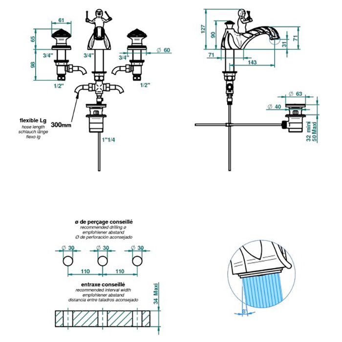 THG AMOUR DE TRIANON Смеситель для раковины на 3 отверстия, с донным клапаном, цвет полированное золото