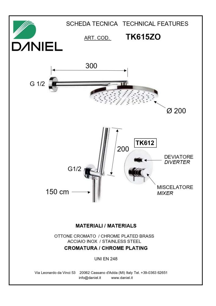 Daniel Tokyo, душевой комплект на 2 потребителя, с кронштейном 30 см и круглым верхним душем 20 см, цвет зачищенное золото, артикул TX615ZO-DP