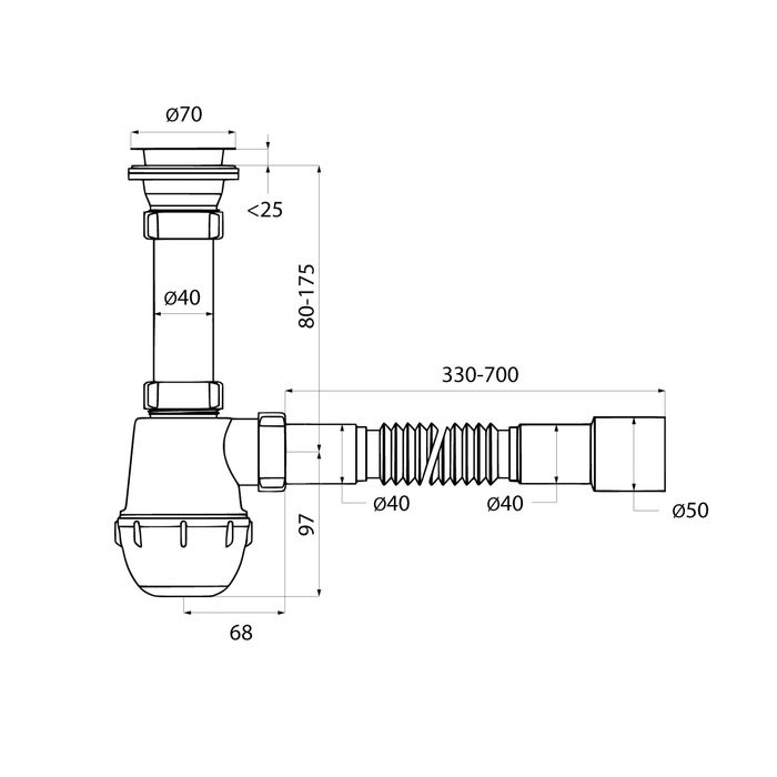 Сифон бутылочный IDDIS Optima Home 1.1/2x40мм, с выпуском и гофротрубой 40/50мм (900AVG0010VD), артикул 900AVG0010VD