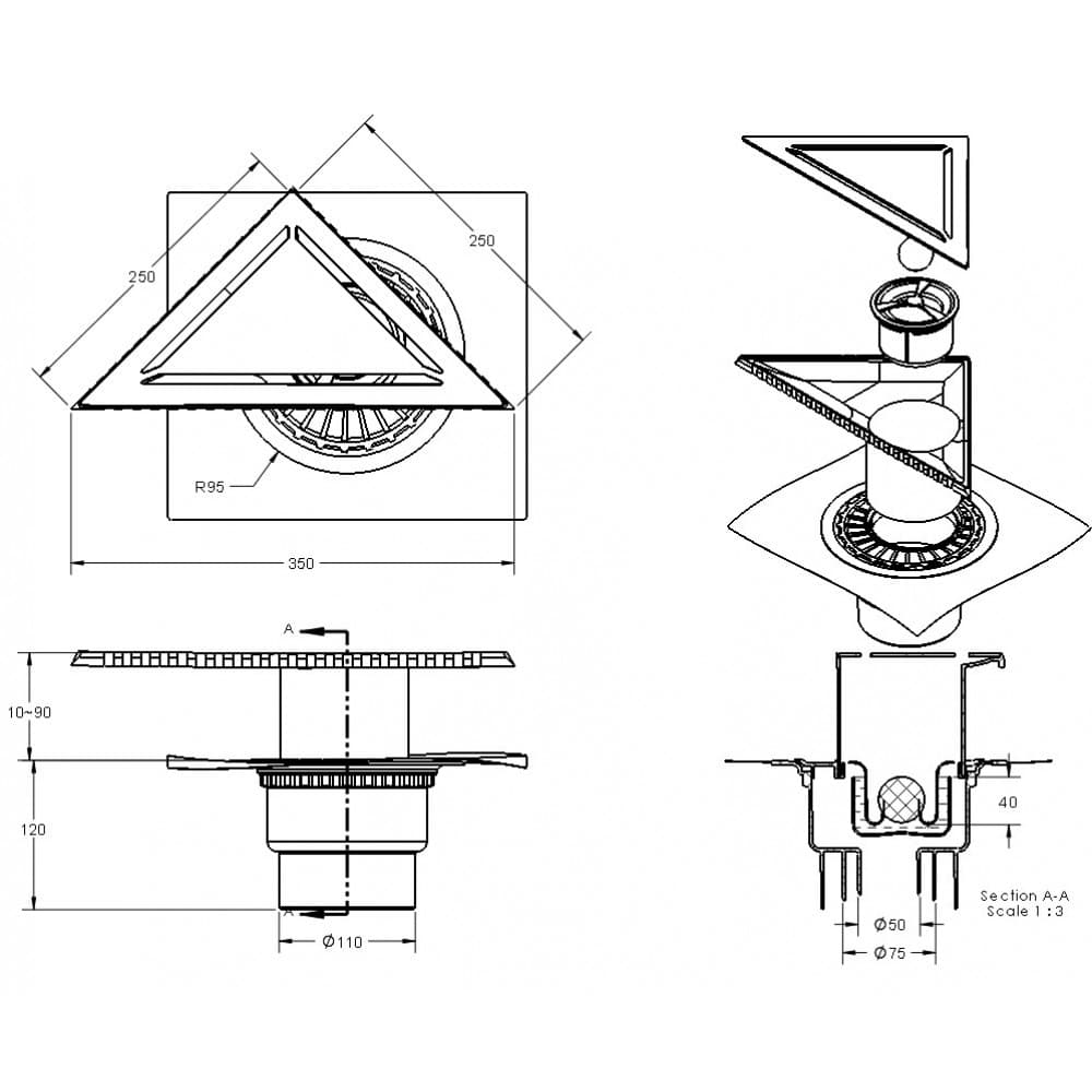 Трап BERGES водосток ZENTRUM Norma 35х25х25 угловой, матовый хром, выпуск D50/75/110 H74 вертикальный