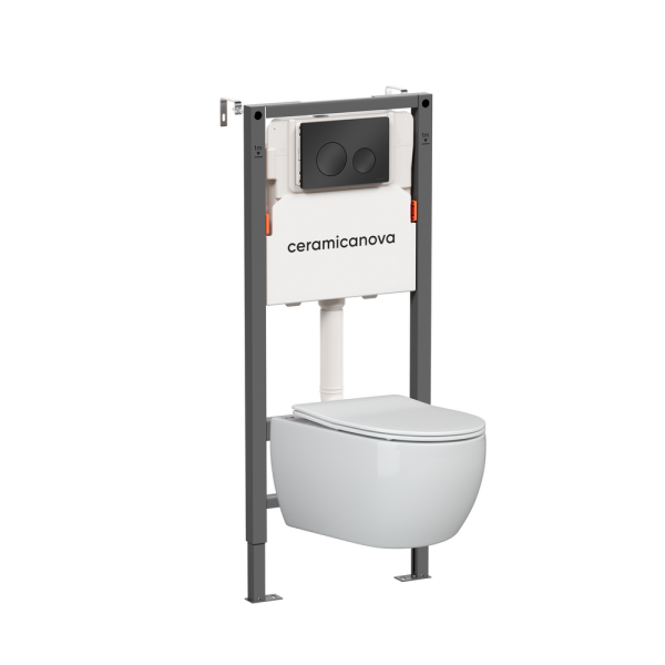 Комплект Подвесной унитаз Игра (Play) Безободковый (Rimless) + Система инсталляции Баланс (Balance) кнопка Круг (Circle), черный матовый