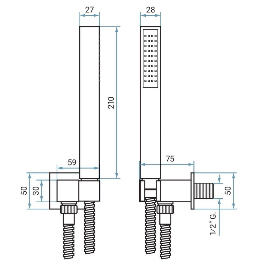 Emmevi, набор ручного душа 156: квадратная лейка из ABS, шланг 150 см из латуни и держатель лейки с водоотводом из латуни, цвет золото, артикул 156/OR