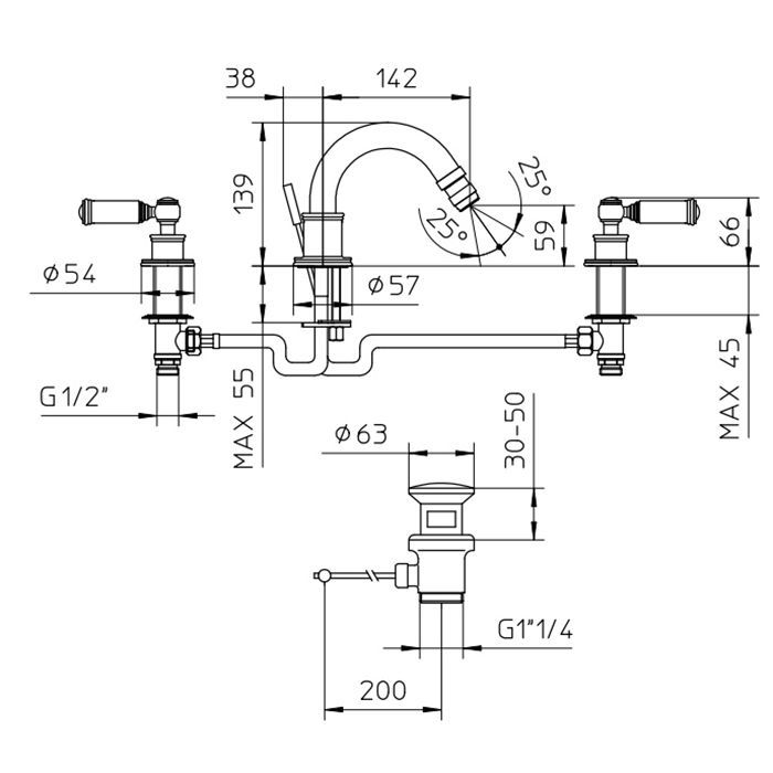 Bossini Liberty Смеситель для биде на 3 отверстия с поворотным изливом и заглушкой 1”1/4, цвет: античная бронза Bossini Liberty Смеситель для биде на 3 отверстия с поворотным изливом и заглушкой 1”1/4, цвет: античная бронза