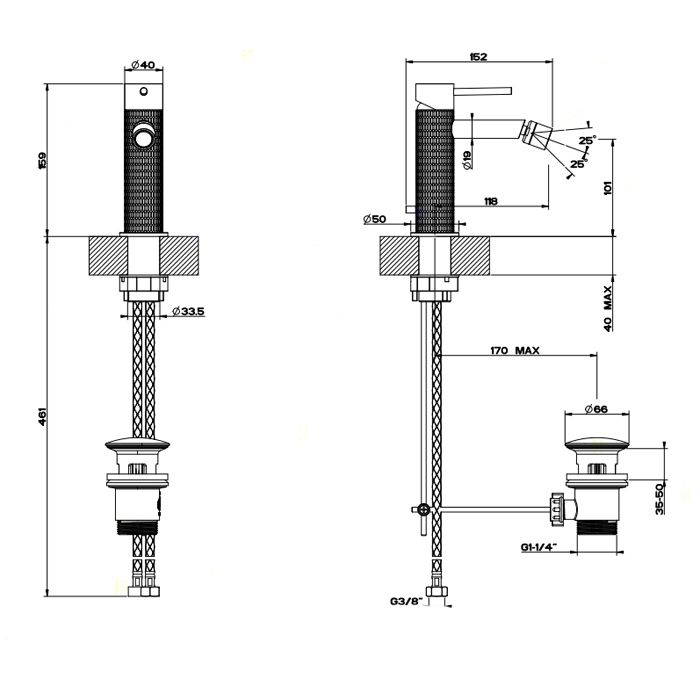 GESSI 316 Смеситель для биде на 1 отверстие с донным клапаном, излив 118мм, цвет: steel brushed