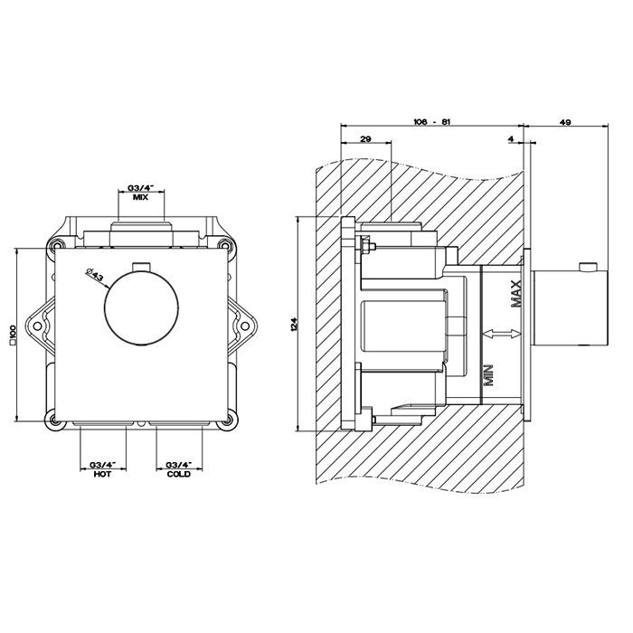 GESSI 316 Встраиваемый термостатический смеситель на 1 источник, резьба 3/4" (внешняя часть), цвет: brushed black metal pvd