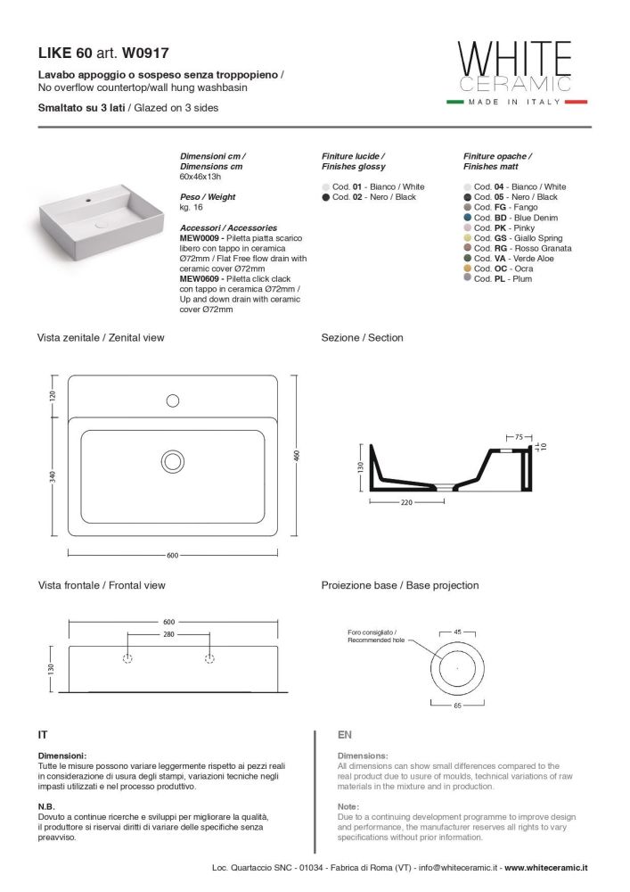 White Ceramic Like, накладная/подвесная прямоугольная раковина с отверстием п/с 60x46x13h см, цвет черный матовый, артикул W091705