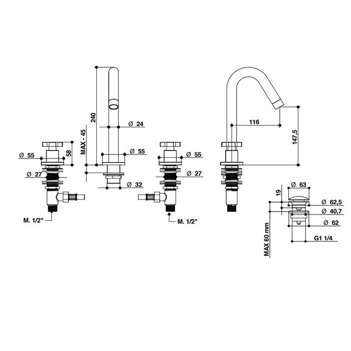 Bongio Alcor Смеситель для раковины на 3отв, цвет хром