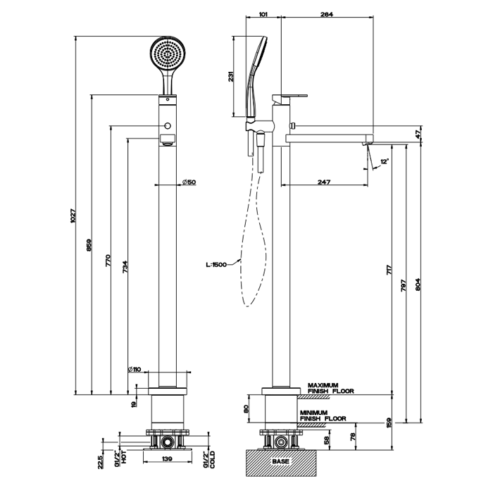 Gessi Встраиваемая часть напольного смесителя для ванны с ручным душем