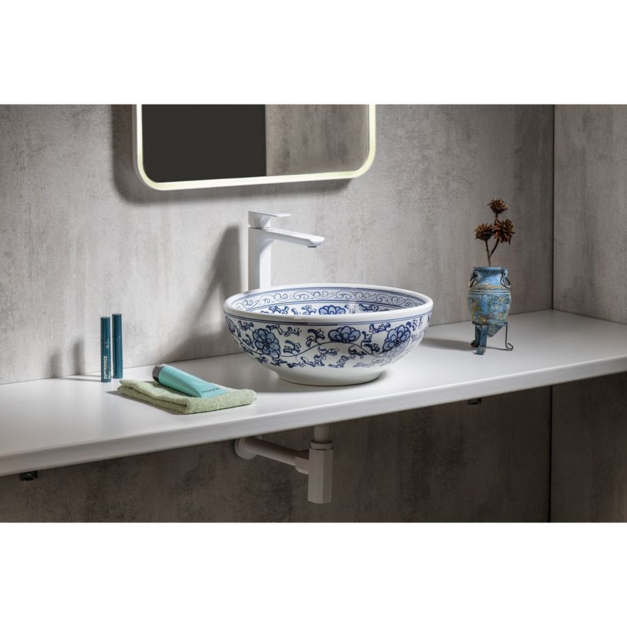 Керамическая раковина-чаша NAVI PRIORI на столешницу, d41 см, высота 15 см, белый/синий, Sapho