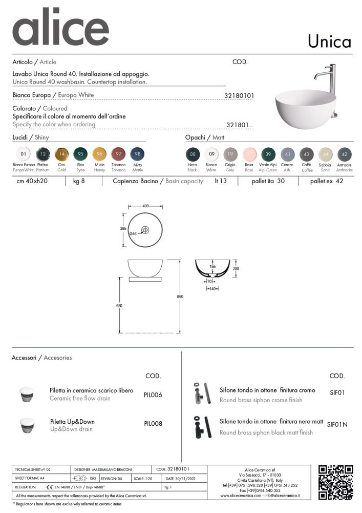 Alice Unica, накладная круглая раковина Ø40х20h см, цвет белый глянцевый, артикул 32180101