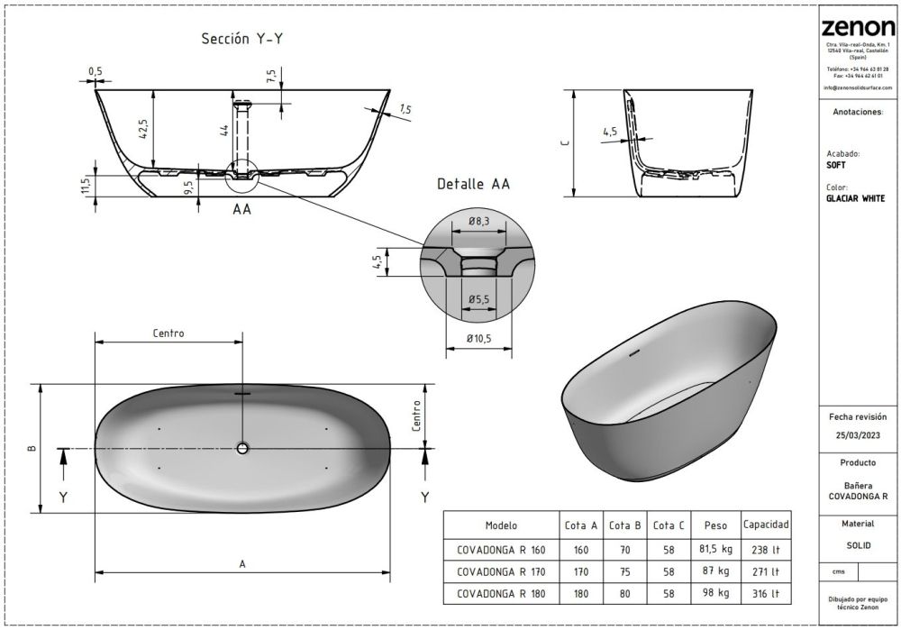 Zenon Covadonga R, овальная ванна из искусственного камня Solid Surface, 180x80xh57,5 см, цвет белый матовый, артикул 4000.000.000.000.31779