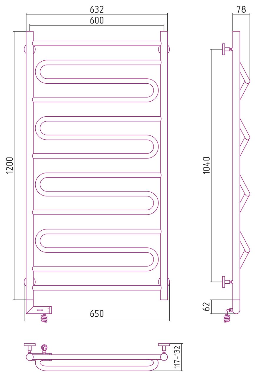 Полотенцесушитель электрический "ЭЛЕГИЯ 2.0" 1200х600 / МЭМ левый (Без покрытия)