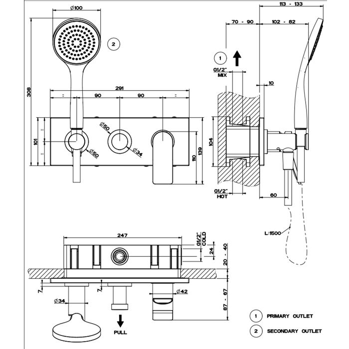 GESSI Rilievo Встраиваемый смеситель для ванны на 2 источника, с душевой лейкой и переключателем (внешние части), цвет: хром