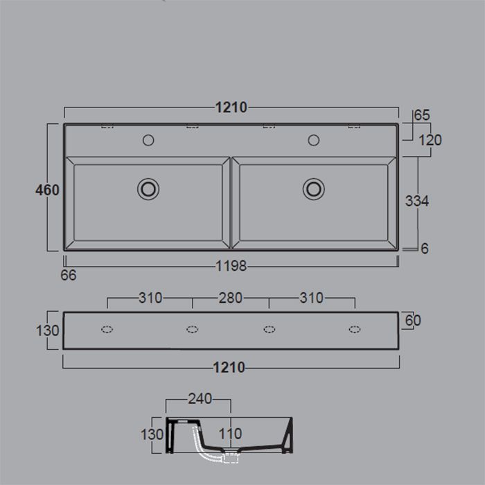 SIMAS AGILE Раковина двойная подвесная 121х46 см, с переливом, с 2 отв под смеситель,цвет белый SIMAS AGILE Раковина двойная подвесная 121х46 см, с переливом, с 2 отв под смеситель,цвет белый