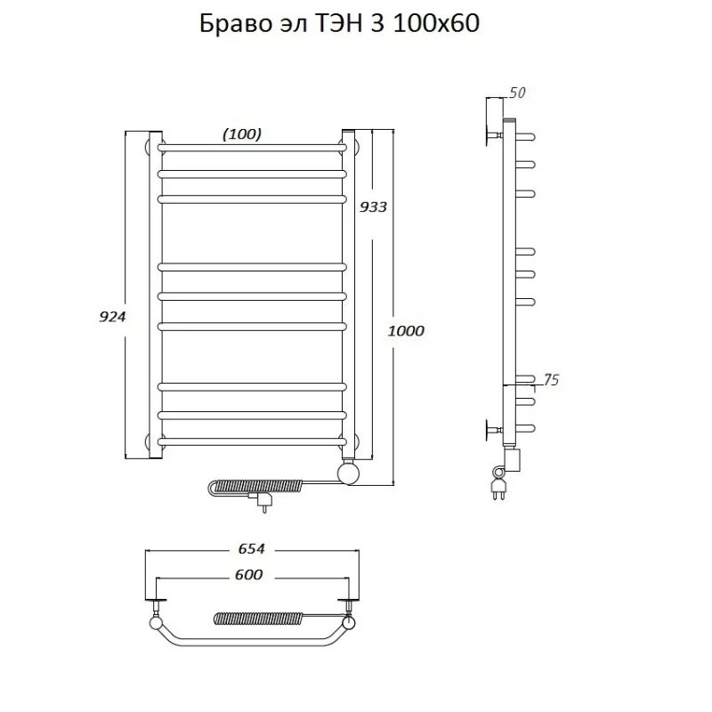 Электрический полотенцесушитель Тругор Браво 3 элТЭН 100x60 Хром