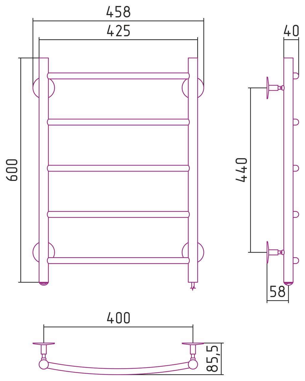 Электрический полотенцесушитель СТИЛЬЕ "Формат 40 П" 600х400 (5) Г16 (Без покрытия)