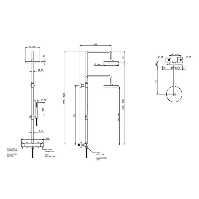 Bongio T Mix Душевая стойка с термостатическим смесителем и ручным душем, цвет золото